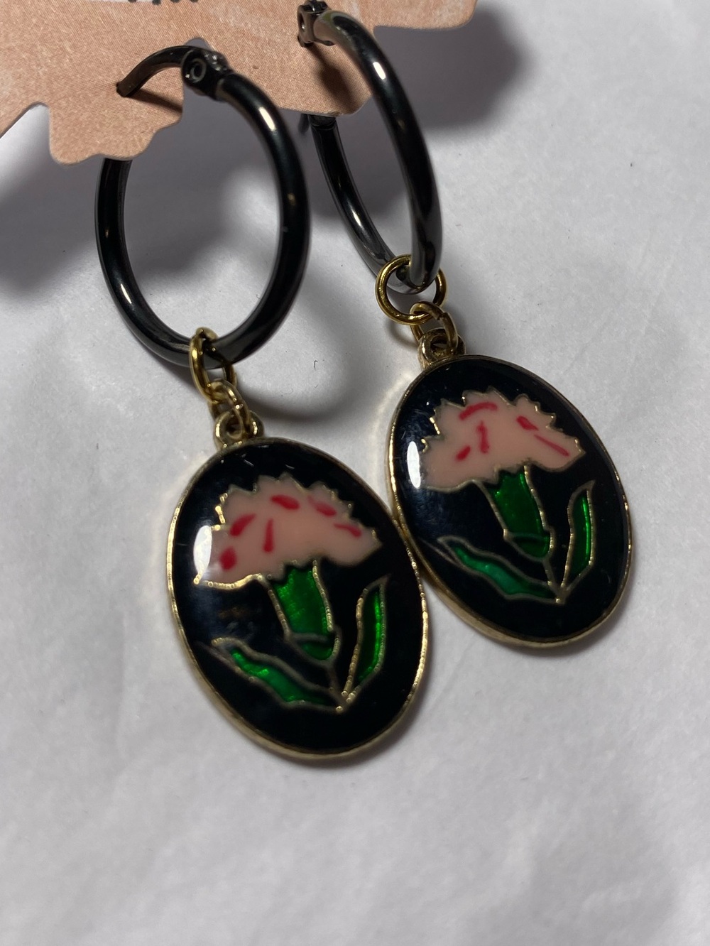 Free people Black Hoop Earrings with Pink Floral Enamel Pendants